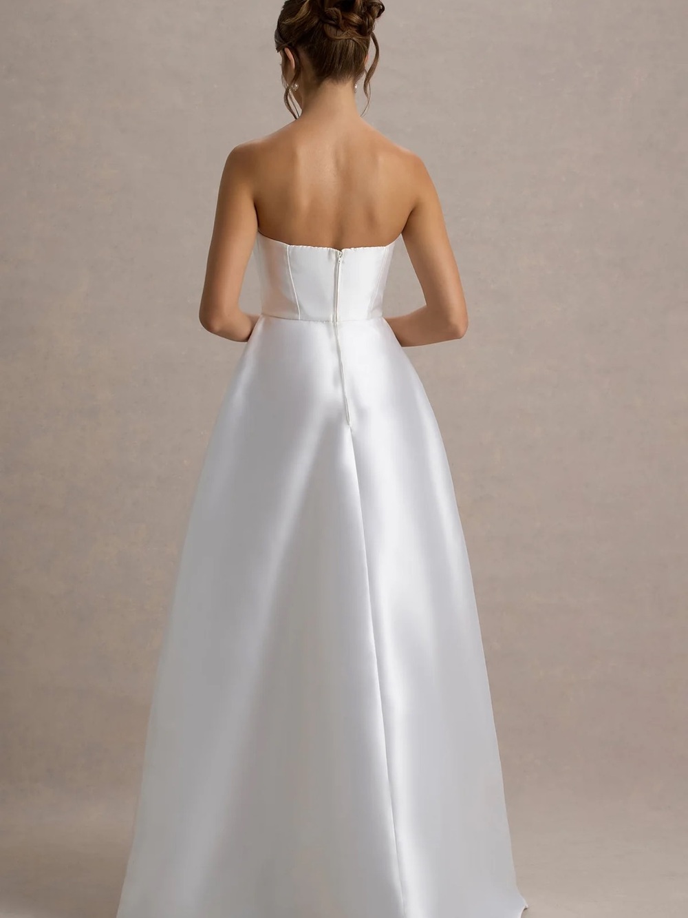 Strapless White Satin Formal Dress with Draped Waist - Picture 2 of 3